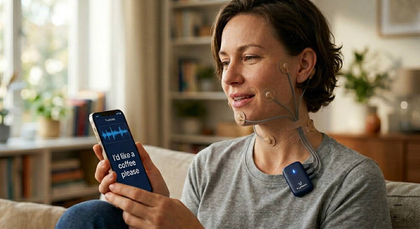 TrueVoice concept vision — skin-tone electrodes on jaw and neck, main unit clipped to collar, phone displaying synthesised speech